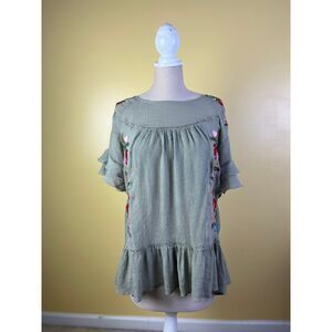 Altar'd State Sage Green Floral Embroidered Ruffle Sleeve Boho‎ Tunic Top Size M